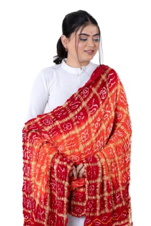 Orange Red Gharchola Checks Dupatta in Gajji Silk