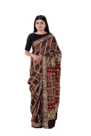 Coffee Maroon Checks Ajrakh Saree in Modal Silk