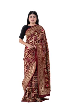 Maroon Checks Ajrakh Saree in Modal Silk