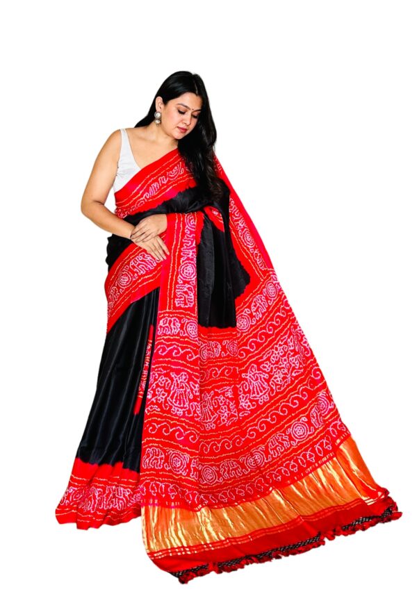 Red and Black Gajisilk Gala Bandhej Saree