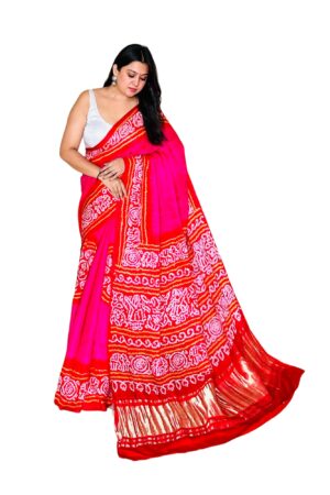 Pink Red Border Gajisilk Gala Bandhej Saree