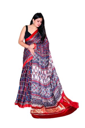 Red and White Modalsilk Ajrakh Saree