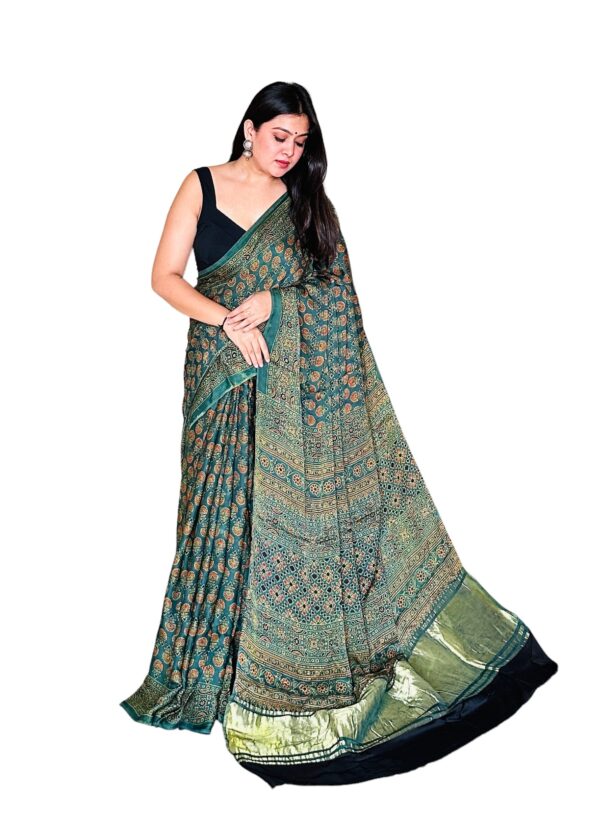 Green Modalsilk Ajrakh Saree