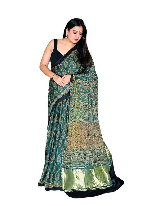 Green Modalsilk Ajrakh Saree