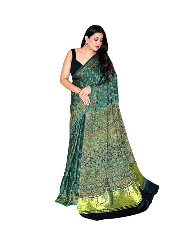 Green Modalsilk Ajrakh Saree