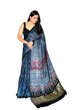 Blue Modalsilk Ajrakh Saree