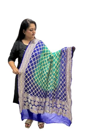 Royal blue sea green Neem Jari Janglo Dupatta in Georgette