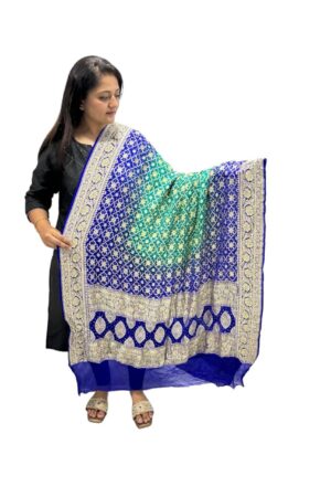 Royal blue with sea green dual dune Neem Jari Janglo Dupatta in Georgette