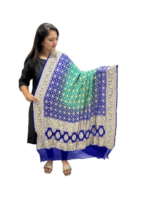 Royal blue with sea green dual dune Neem Jari Janglo Dupatta in Georgette