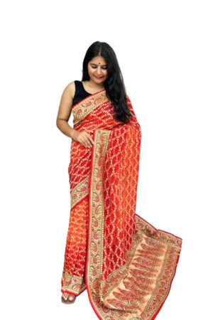 Red Orange Pure Georgette Tilfi with Rai Bandhej saree