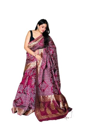 Maroon Lakhanavi Bandhani Weaving Saree