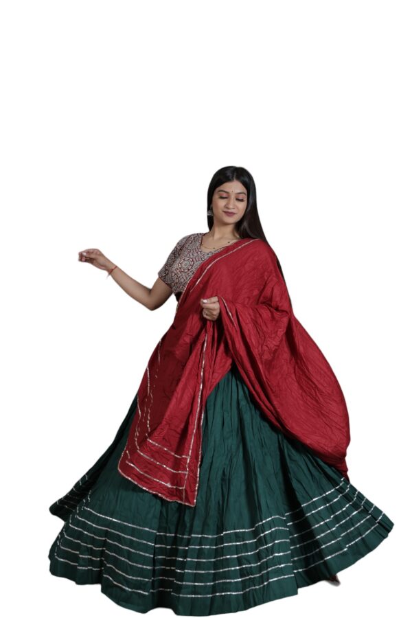 Green Cotton Lehenga choli with Plain Red Dupatta