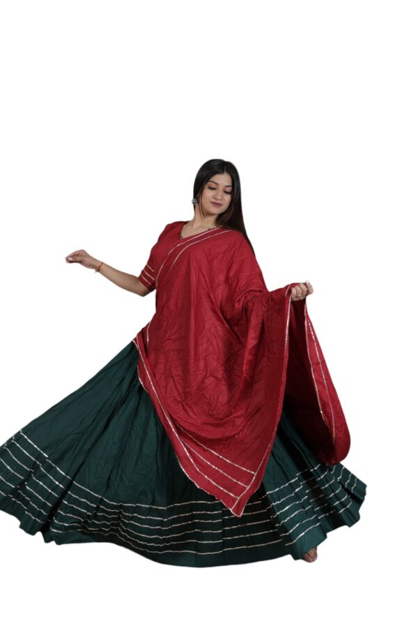 Green Cotton Lehenga choli with Plain Red Dupatta