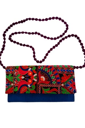 Handcrafted Embroidered Clutch Bag with Intricate Multicolored Patterns and Beaded Strap