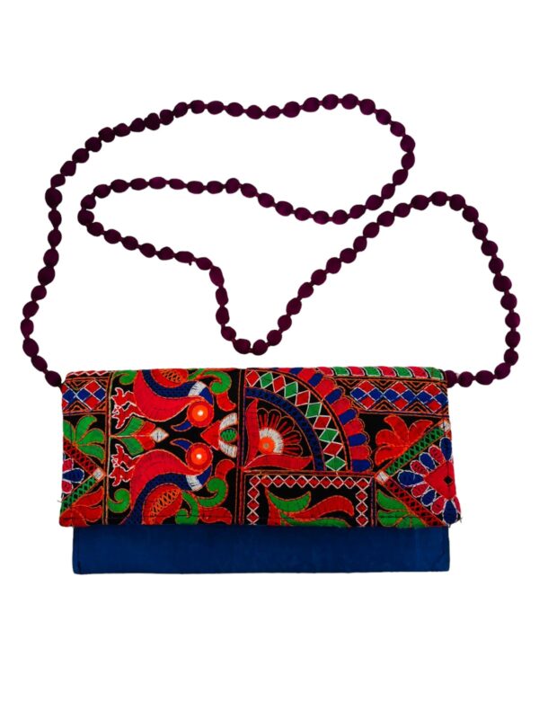 Handcrafted Embroidered Clutch Bag with Intricate Multicolored Patterns and Beaded Strap