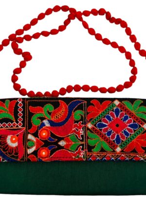 Handcrafted Embroidered Clutch Bag with Intricate Multicolored Patterns and Beaded Strap