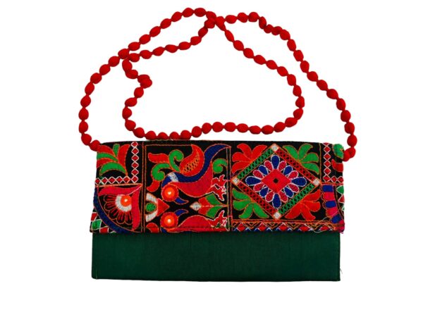 Handcrafted Embroidered Clutch Bag with Intricate Multicolored Patterns and Beaded Strap