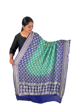 Blue with Sea Green Neem Jari Janglo Dupatta in Georgette