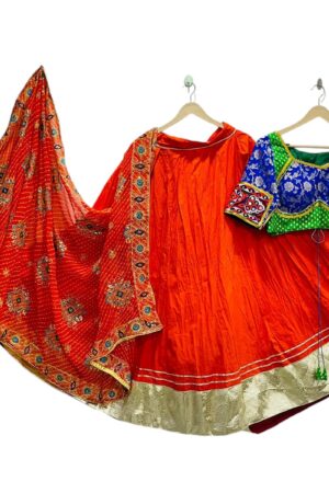 Hand Embroidery Orange Green Navratri Lehenga Choli With Vintage Dupatta