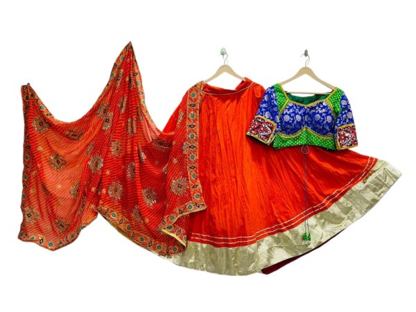 Hand Embroidery Orange Green Navratri Lehenga Choli With Vintage Dupatta