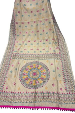 Cream Katha stich Hand Work Fulkari Sarees