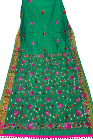 Green Katha stich Hand Work Fulkari Sarees