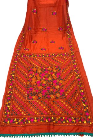 Red Katha stich Hand Work Fulkari Saree