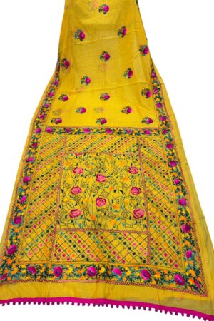 Yellow Katha stich Hand Work Fulkari Saree