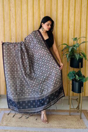 Dark brown Ajrakh print dupatta