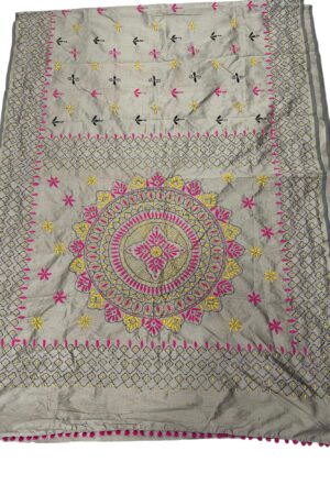 Gry Katha stich Hand Work Fulkari Saree