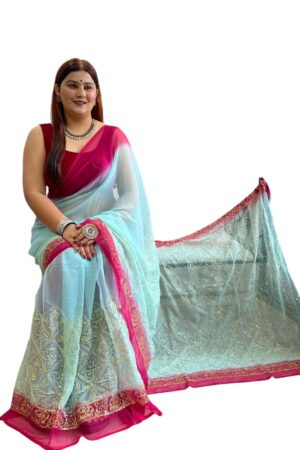 Sky Blue Pink Border Vintage Work Saree with Blouse