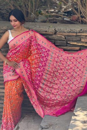 Pink Orange Pure Georgette Minakari Saree