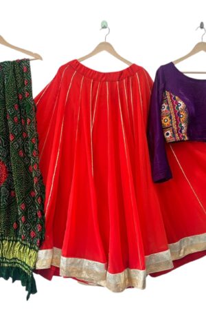 Traditional Orange Lehenga Choli with Real Hand Embroidery Blouse and pure Gajisilk Bandhani Dupatta
