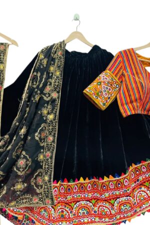 Velvet Black Navratri Lehenga Choli Set with Multicolor Kutchi hand Embroidered Blouse and vintage  Dupatta