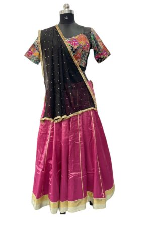 Magenta Silk Chaniya Choli with Multicolor Embroidered Blouse & Black Dupatta