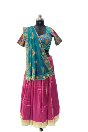 Pink Silk Chaniya Choli with Teal Embroidered Blouse & Dupatta