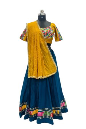 Teal & Mustard  Embroidered Chaniya Choli with Multi-Color Border