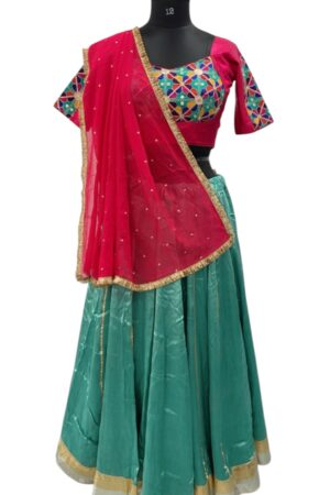 Sea Green & Pink Kutchi Embroidered Chaniya Choli with Golden Border Dupatta