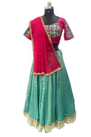 Sea Green Silk Chaniya Choli with Embroidery & Pink Dupatta