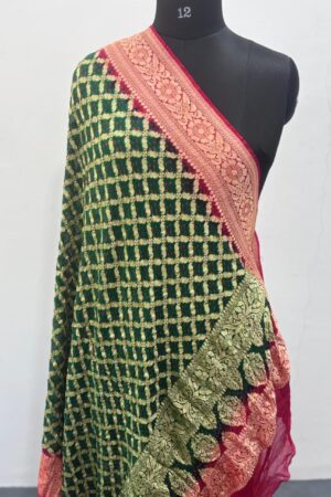Green and Red with Raibandhej  Georgette Dupatta