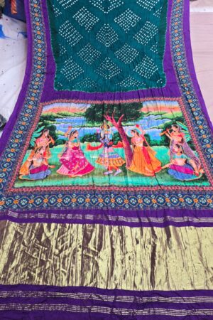 Rama Green With Purple Pure Gaji modal silk kalamkari print handbandhej Saree