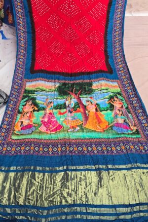 Red With Blue Pure Gaji modal silk kalamkari print handbandhej Saree