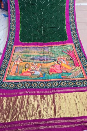 Green with Purple Pure Gaji Modal Silk Kalamkari Print Hand Bandhej Saree