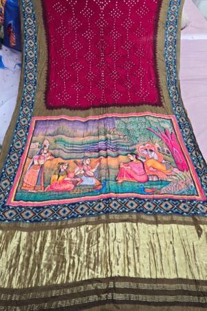 Maroon Pure Gaji Modal Silk Kalamkari Print Hand Bandhej Saree
