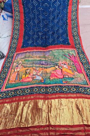 Blue with rest color Pure Gaji Modal Silk Kalamkari Print Hand Bandhej Saree