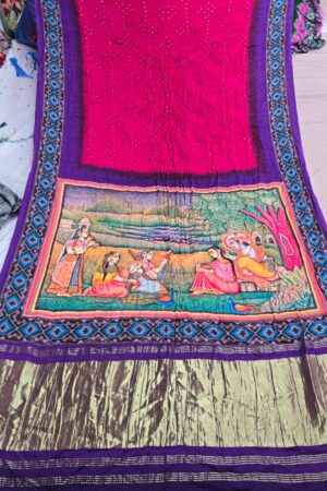 Pure Gaji Modal Silk Kalamkari Print Hand Bandhej Saree