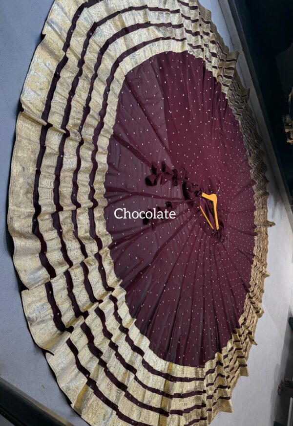 Chocalate Pure georgette butti fabric skirt with heavy lampi laces