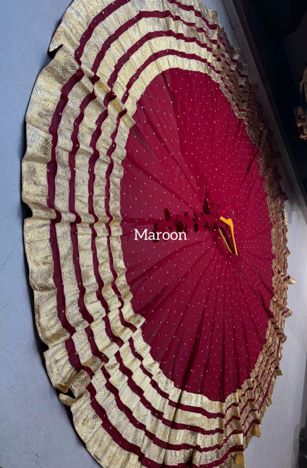 Maroon Pure georgette butti fabric skirt with heavy lampi laces