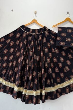 Cotton Full Flare Ajrakh Print Skirt with Blouse Piece