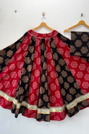 Cotton Full Flare Ajrakh Print Skirt with Blouse Piece